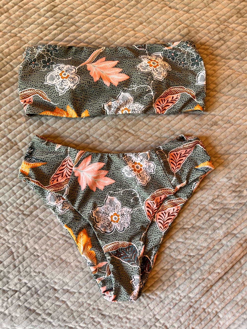 Floral Bandeau Bikini Set - Olive Green with Pink & Orange Flowers